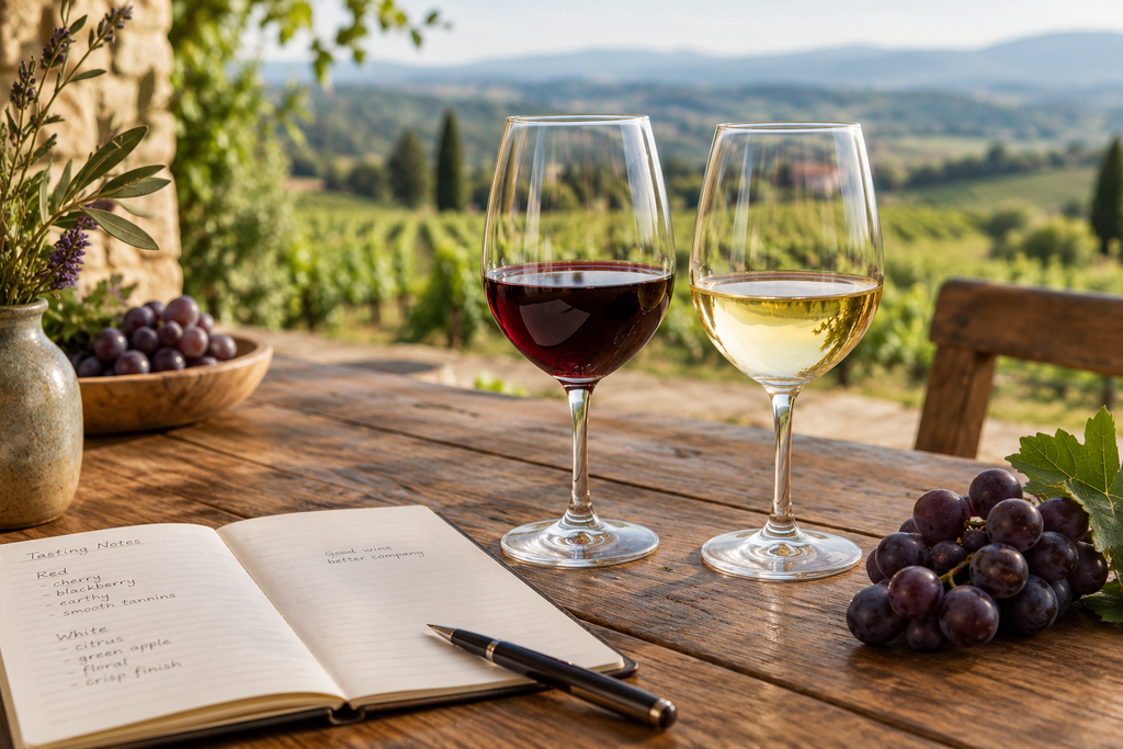 Red and white wine glasses on a table during a beginner wine tasting.